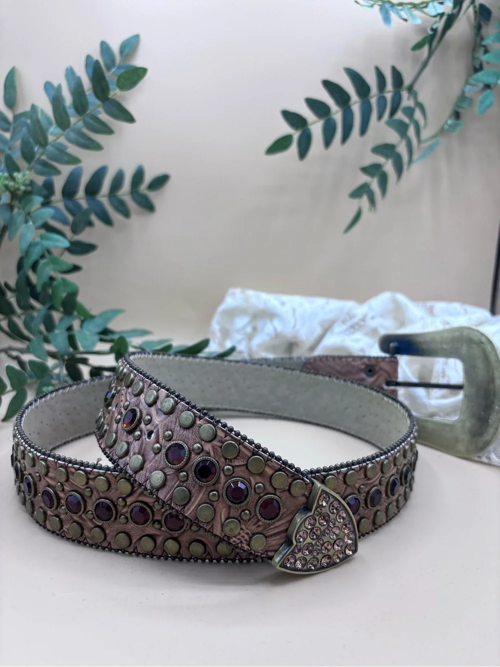 Rhinestone Studded Western-Style Belt - Brown